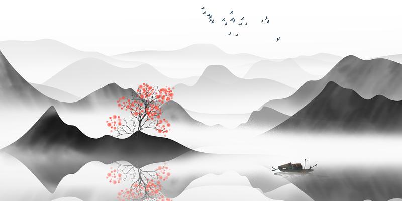 古风水墨春天立春山水背景抽象意境水墨山水风景原创插画素材古风水墨
