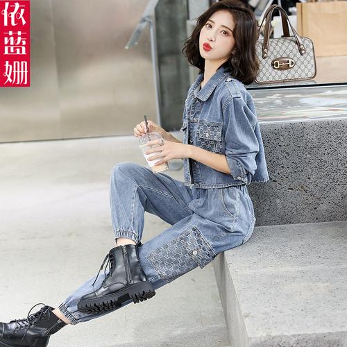 时尚牛仔套装女2021春秋新款洋气小个子短款外套休闲工装裤两件套