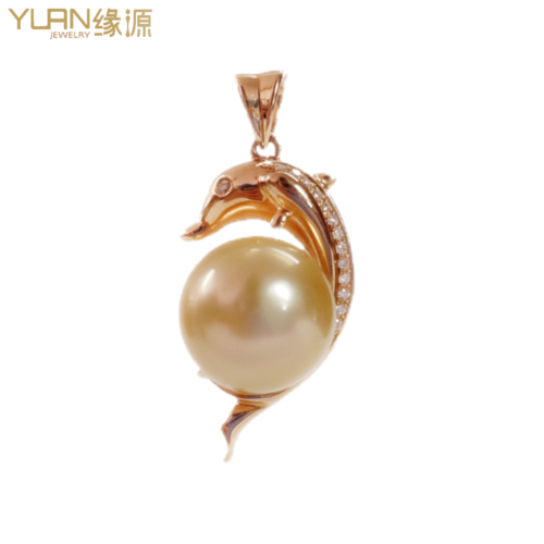 缘源珠宝天然海水金珍珠吊住18k金镶钻珍珠吊坠10mm印尼金珠吊坠女款