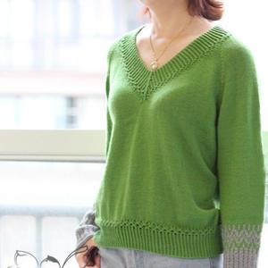 蔓玉 仿外网女士棒针大v领提花短款套头毛衣-编织教程