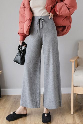 秋冬加厚毛线针织阔腿裤女宽松高腰垂坠感休闲裤弹力松紧腰九分裤