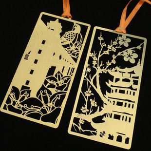 风景书签 建筑阁楼书签 腐蚀镂空书签 丝带书签 铜质书签定制批发