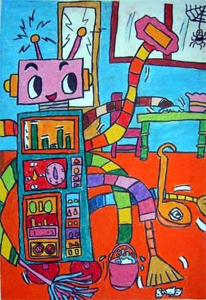 我家小二子说做家务辛苦,所以创造了这幅《机器人保姆》  两人去年画