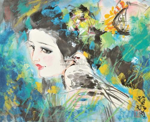 0426少女与和平鸽镜心设色纸本