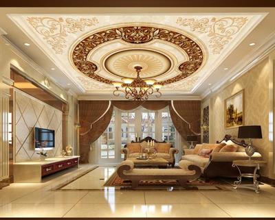 欧式风情天花板吊顶壁画金色花纹背景墙壁纸定制天顶墙纸墙布