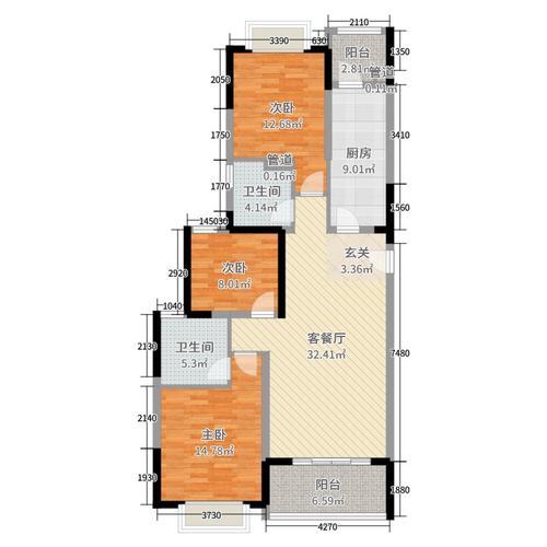 恒大养生谷3室2厅1卫1厨96.00㎡户型图