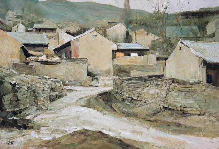0070 甘肃村庄 油画 布面