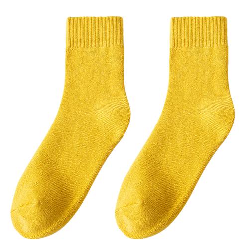 黄色袜子女中筒袜秋冬纯棉加厚ins潮韩国日系可爱毛圈长袜长筒袜 - 原