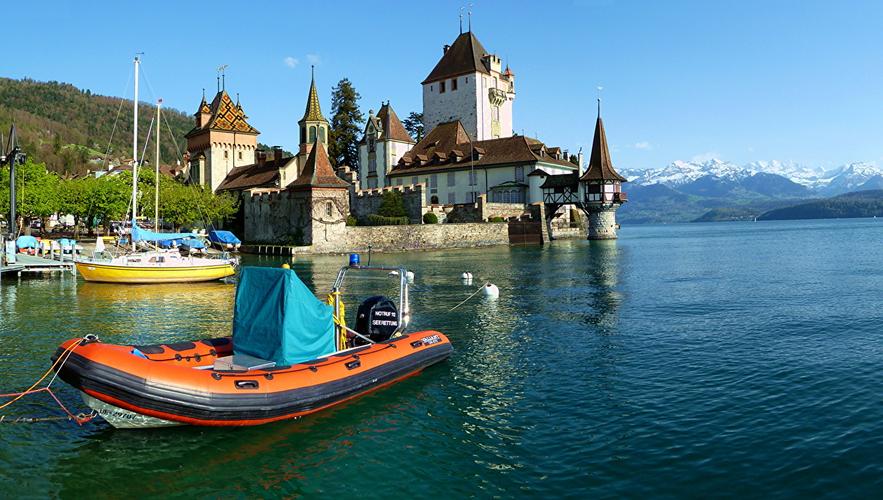 城堡,瑞士,小船,河流,oberhofen,,城市