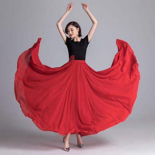 半身裙女裙子720度大摆古典舞演出服雪纺半身裙大红色新疆舞蹈裙广场