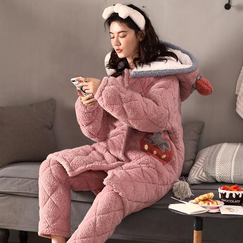 纯禧冬季夹棉睡衣女冬加厚三层珊瑚绒家居服法兰绒秋春秋套装保暖