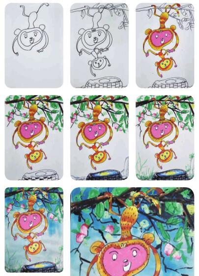 猴子捞月儿童绘画作品步骤教学过程