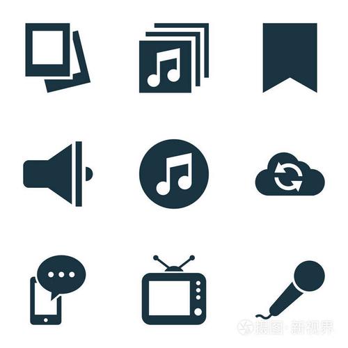 多媒体图标设置扬声器, 书签, 电视和其他麦克风元素.