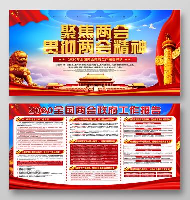 蓝色党建党政党课2020年全国两会政府工作报告学习解读展板