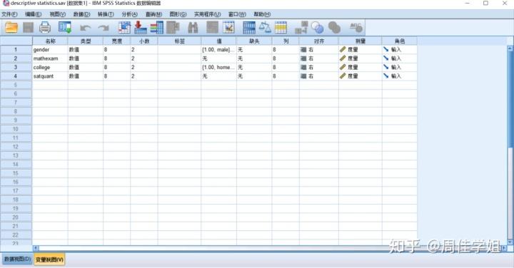 spss的变量视图，在这个界面来编辑变量（名称或者数据