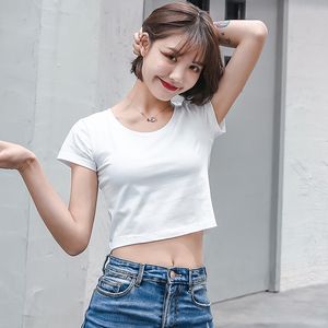 露脐短袖夏白色高腰漏肚脐装性感紧身爵士舞t恤ins纯棉短款上衣女