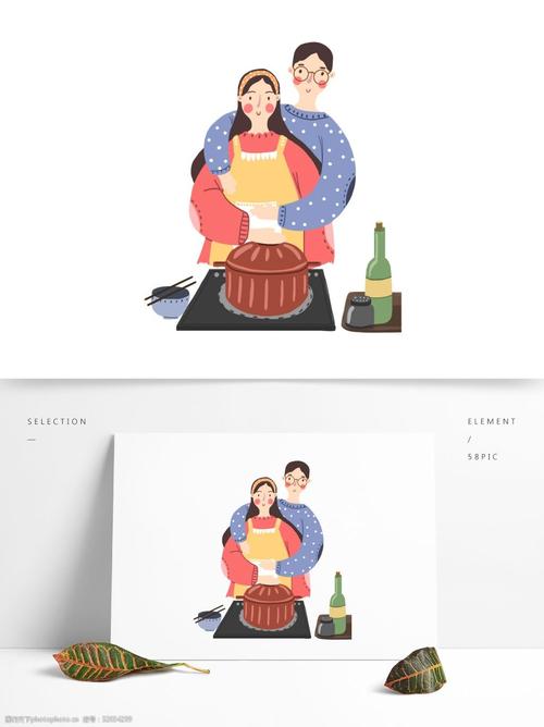 复古一起做饭的情侣卡通人物设计