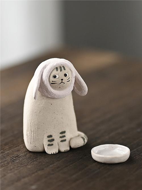 初沫陶社 手工摆件陶泥茶宠茶道零配件 猫咪香座可爱粗陶摆件茶宠