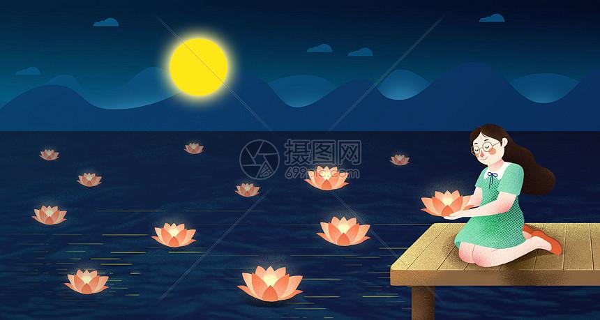 中元节放河灯的女孩