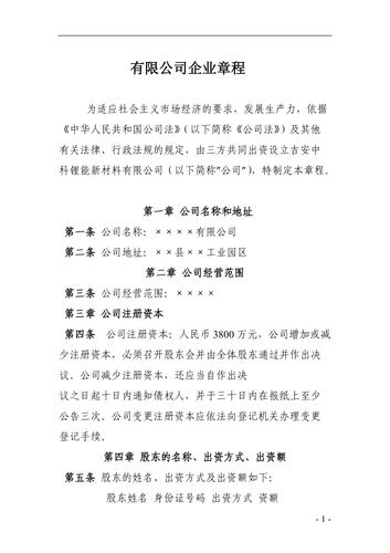 有限责任公司章程范本