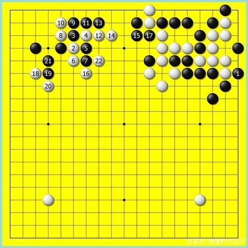 右上角是芈氏飞刀定式,白棋取势,得先手后于2位碰.