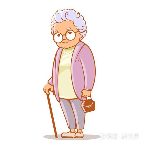 袋与拐杖的可爱老女人的画像