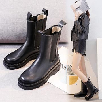 靴子女2020新款mona同款女靴秋冬中筒切尔西靴bv厚底真皮马丁靴女
