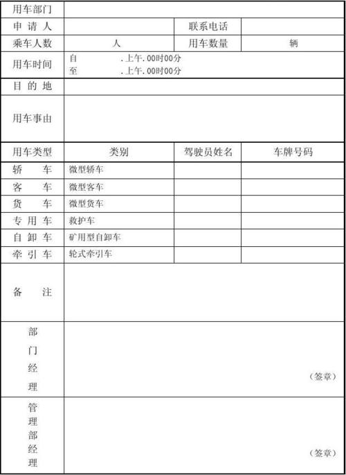 单位车辆使用申请表