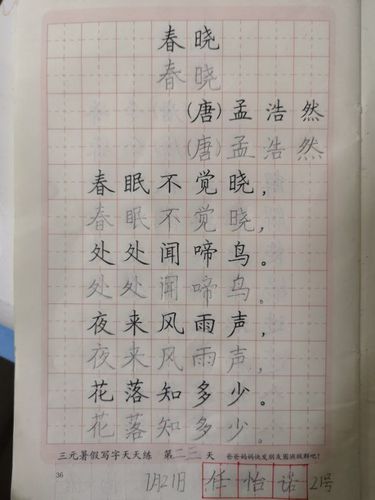 永嘉艺一(2)班暑期硬笔书法《春晓》