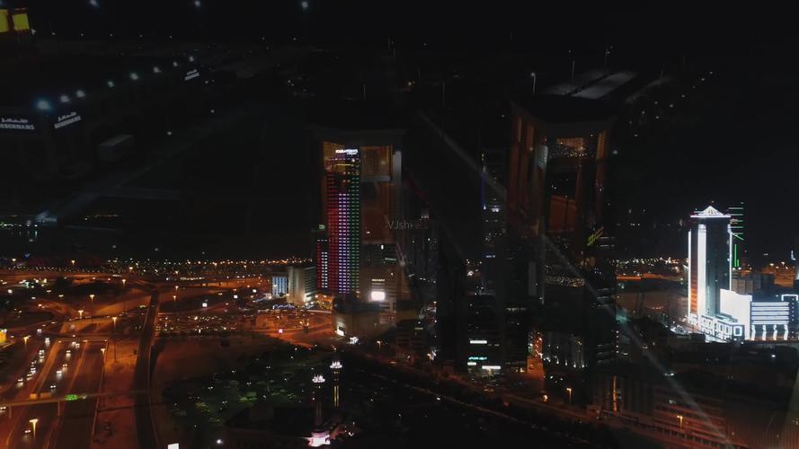 航拍科威特城港口建筑楼宇沙滩夜景7943