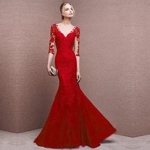 欧美红色晚礼服梦幻新娘晚装复古蕾丝修身美人鱼新娘结婚长礼服