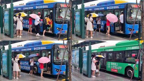 原创雨天等公交车实拍视频