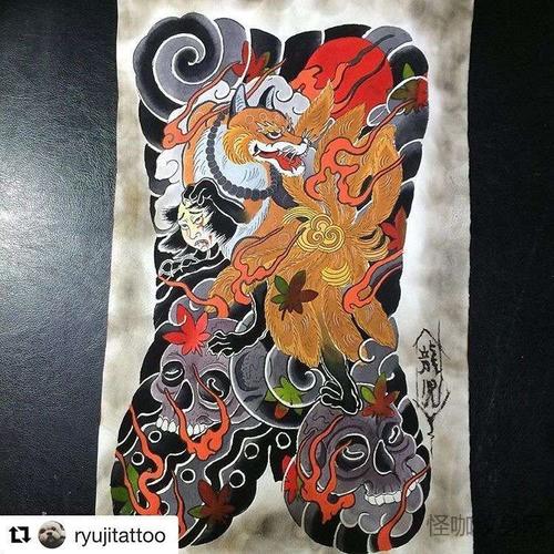 日式手稿狐狸纹身图案