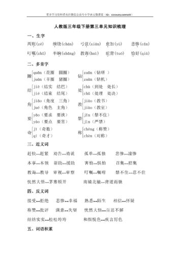 人教版语文三年级下册期中复习1-4单元知识点总结汇总
