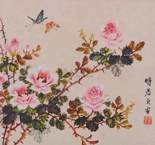 2375 月季双蝶图 镜心