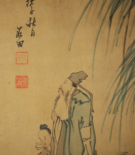 中国明代画家 沈周/号:石田 纸本肉笔 山水人物画 挂轴/箱なし!