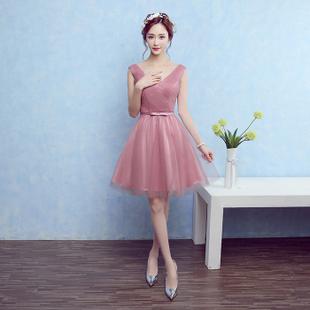 2017秋季新款礼服新娘结婚双肩短款姐妹团宴会公司年会伴娘裙