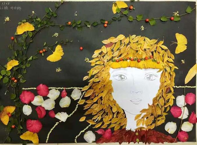 简单漂亮艺术人物头像树叶贴画作品