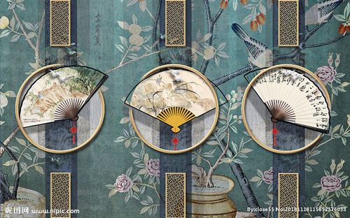 古典折扇画框工笔花鸟背景墙图片
