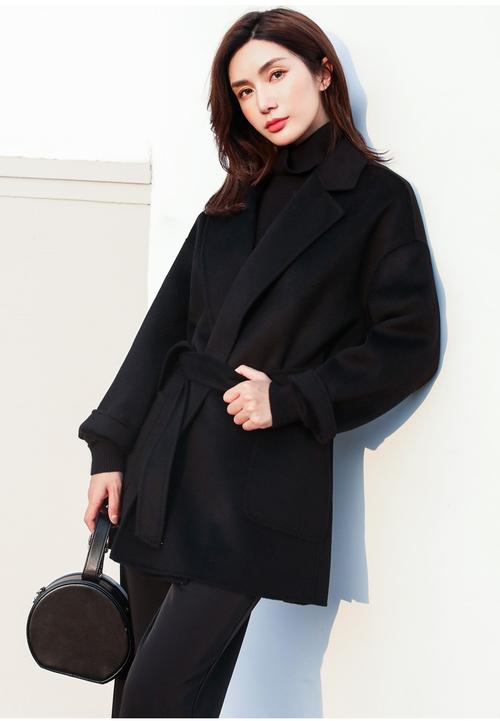 黑色水波纹双面羊绒大衣女短款赫本风小个子羊毛呢外套2021