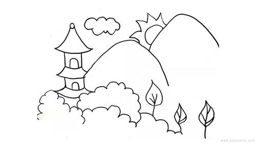 把天空上的太阳和云朵也画出来,线稿就完成了.