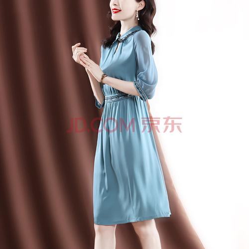 重磅真丝连衣裙女2021夏杭州新款短袖时尚气质高档桑蚕丝上衣 青碧绿