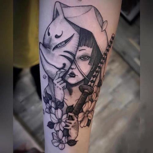 南欧世爵个性黑白花臂般若面具艺纹身贴纸防水女仿真性感日系网红潮角