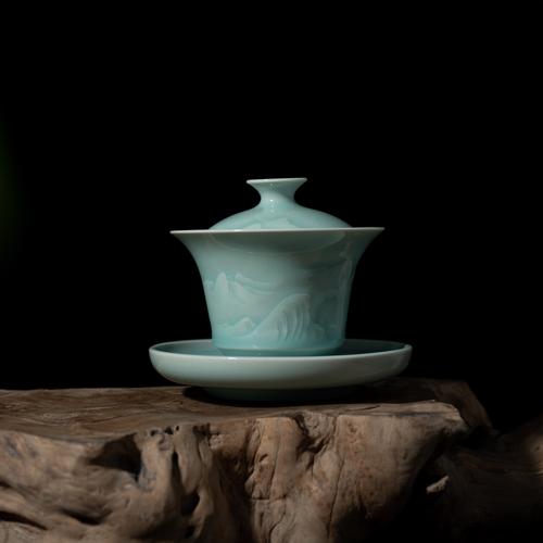 龙泉青瓷大师郑仙水手作粉青马马蹄刻花盖碗盖碗茶盖碗