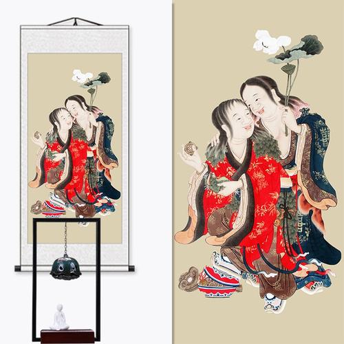 新品和合二仙图合和二圣像画像挂画催旺助姻缘新婚房间卧室装饰卷