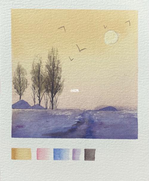 水彩风景|入门级 简单温暖黄昏 图文教程_水彩画_风景