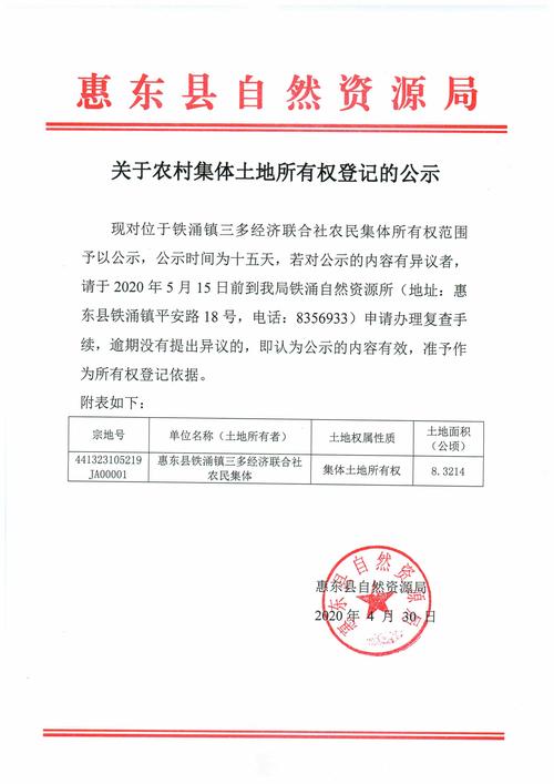关于农村集体土地所有权登记的公示(铁涌沙桥)