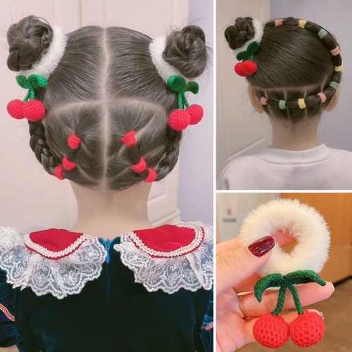 女童毛绒绒樱桃发圈俏皮可爱儿童扎头发甜美头绳女宝宝中国红发饰