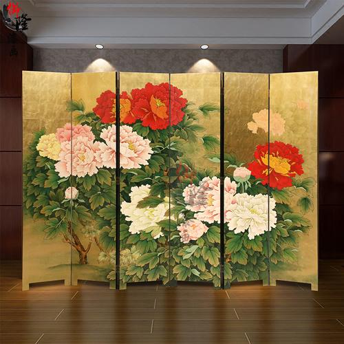 定制手绘漆画隔断折叠牡丹屏风古典金箔彩绘客厅酒店玄关装饰画
