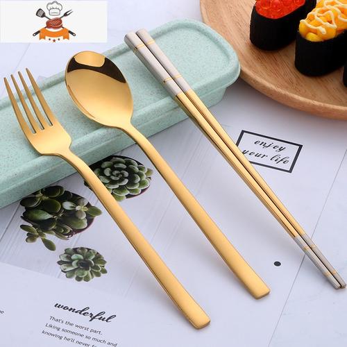 盒套装可爱筷子勺子叉子不锈钢三件套单人旅行金色筷勺叉盒子敬平视频